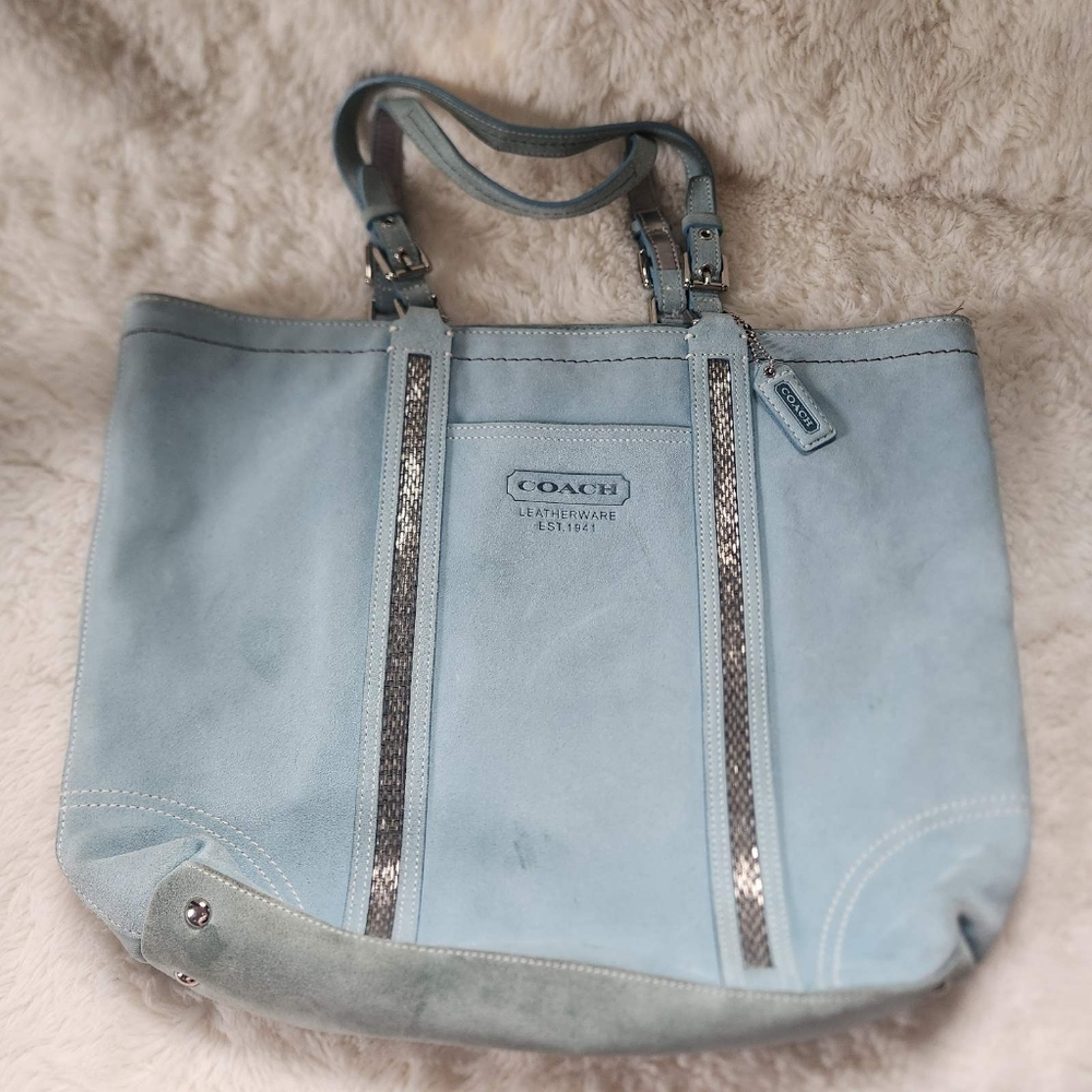 2005 Coach Aqua Blue Suede Beaded Gallery Tote Style 8B32 Y2K Vintage - Picture 2 of 16